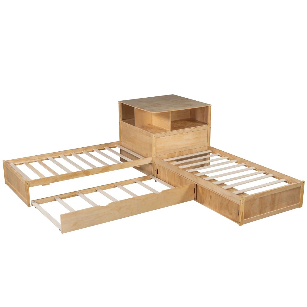 Euroco Pine Wood L-Shaped Twin Platform Bed with Storage Desk, Cabinets, Trundle and LED Light for Kids Teens, Natural - Image 15
