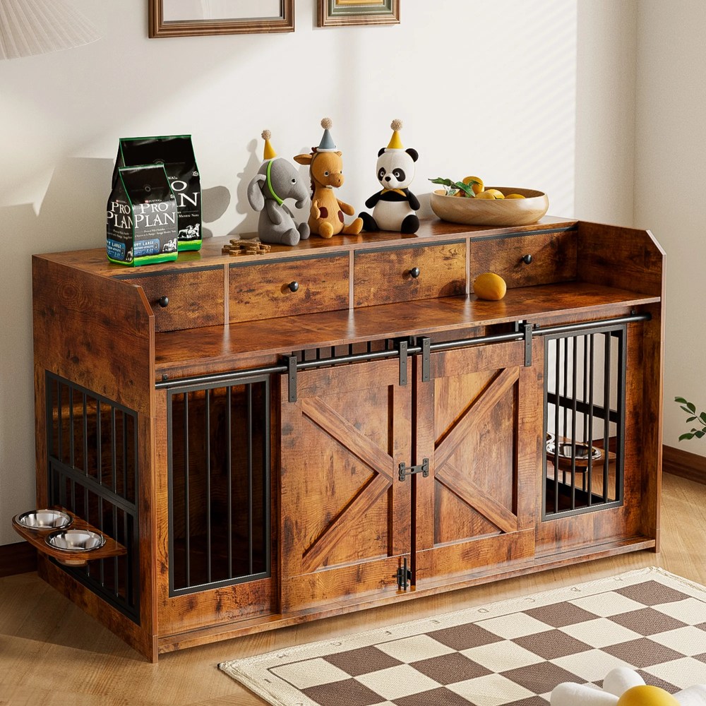 Advwin 63" Wooden Double Dog Crate Furniture with Drawers, Divider, Sliding Doors and Dual Feeding Stations, TV Stand Dog Kennel for 2 Small/Medium Dogs, Rustic Brown - Image 6