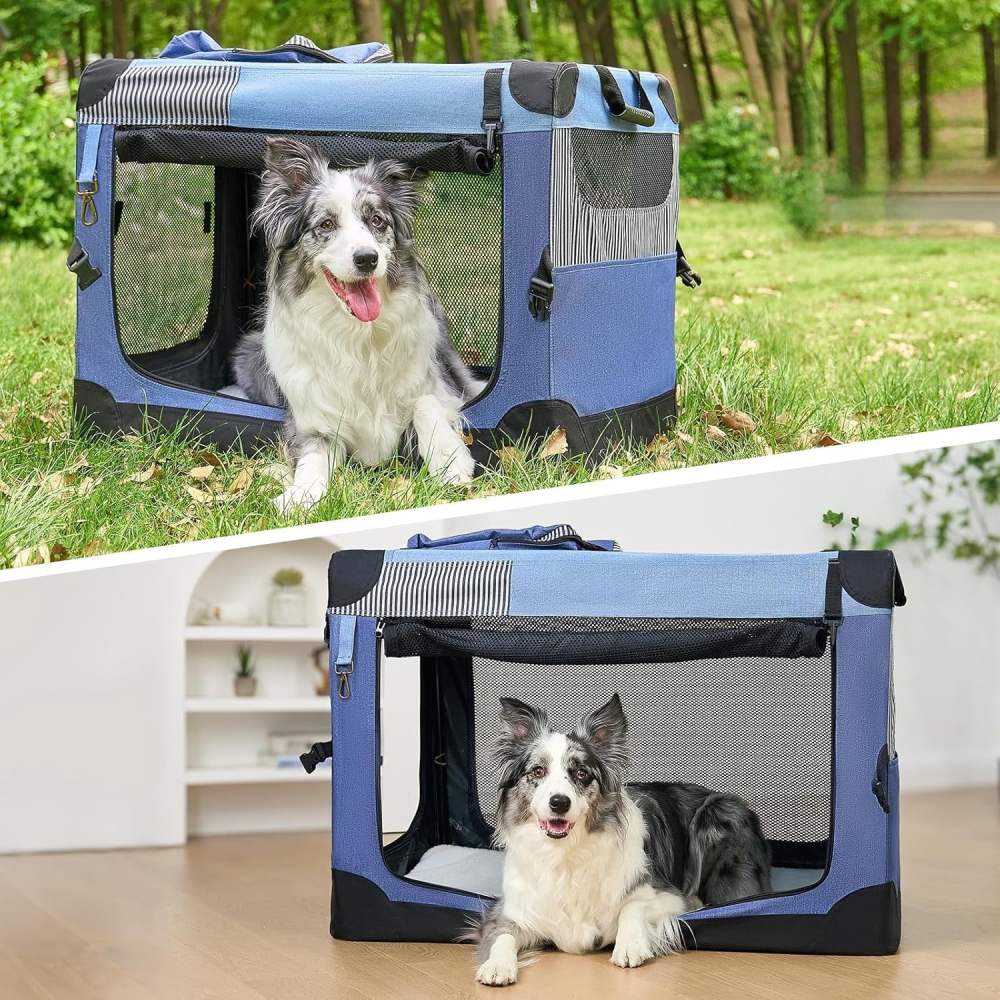 Nomipaw 36 Inch Portable Dog Crate Soft Collapsible, 3-Door Blue Travel Pet Crate for Small/Medium Dogs Indoor & Outdoor with Durable Mesh Windows & Storage Bag - Image 5