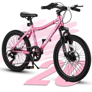 Xlluproid 20 Inch Kids' Bike, Boys Girls Mountain Bike Ages 6-12, 7 Speed Teenager Children Kids' Bicycles, Front Suspension Disc Brake Rear V-Brake, High Steel Frame, Pink