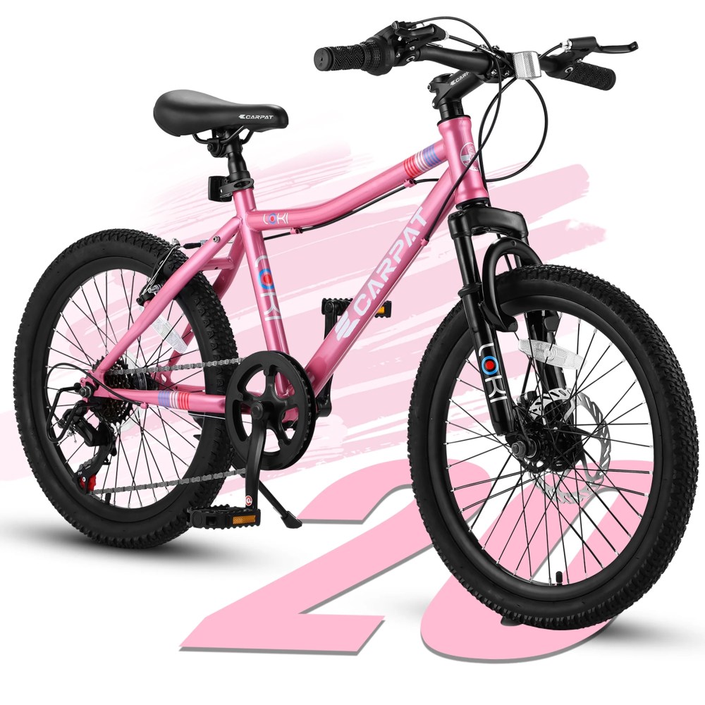 Xlluproid 20 Inch Kids' Bike, Boys Girls Mountain Bike Ages 6-12, 7 Speed Teenager Children Kids' Bicycles, Front Suspension Disc Brake Rear V-Brake, High Steel Frame, Pink