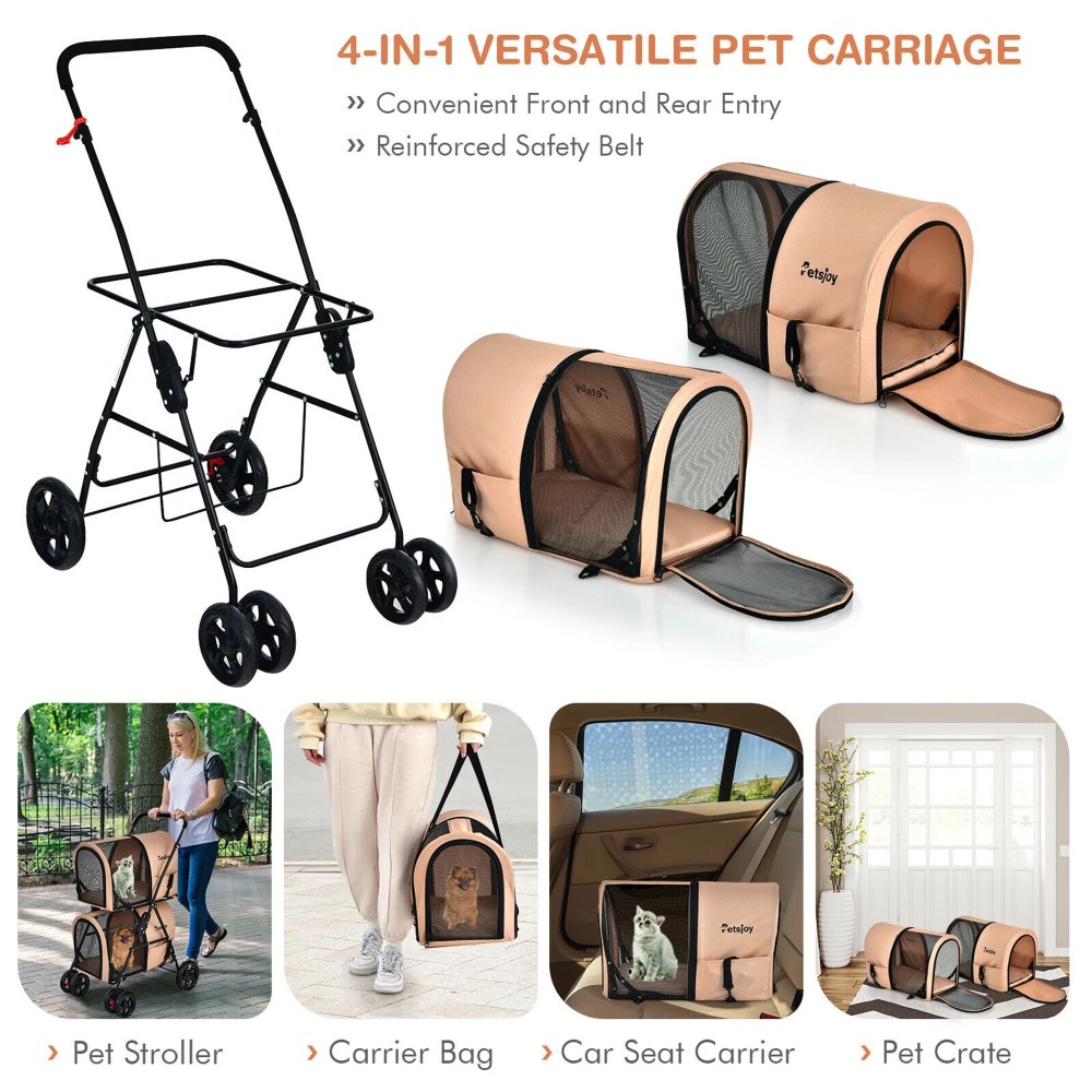 Gymax 4-in-1 Double Pet Stroller w/ Detachable Carrier Travel Carriage for Cats Beige - Image 2
