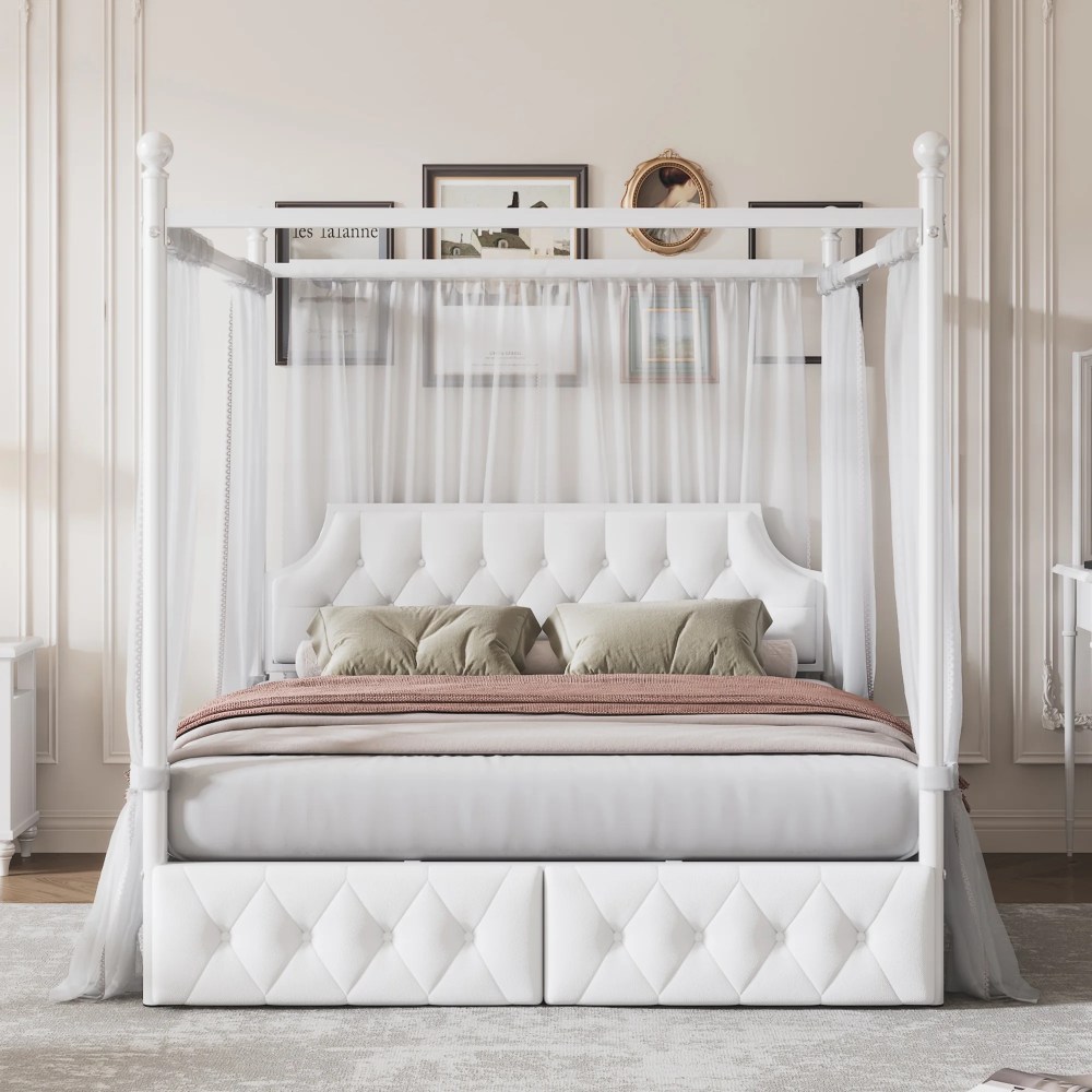 Euroco Wood Queen Size Canopy Platform Bed with Four Support Legs and 2 Drawers for Kids Teens Adults, White - Image 12