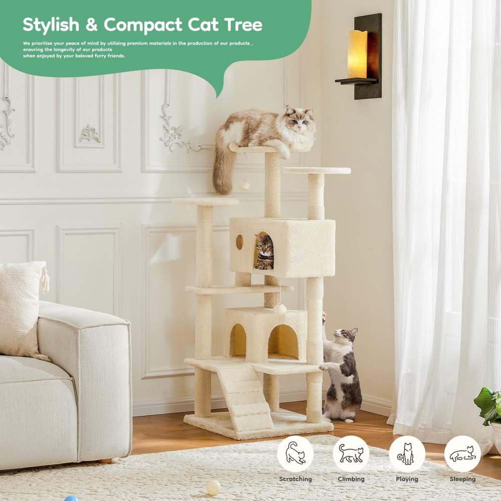 JIOABL 54-Inch Cat Tree Tower - Multi-Level Cat Tower with Large Condo, Natural Sisal Scratching Post, Climbing Ladder, Beige