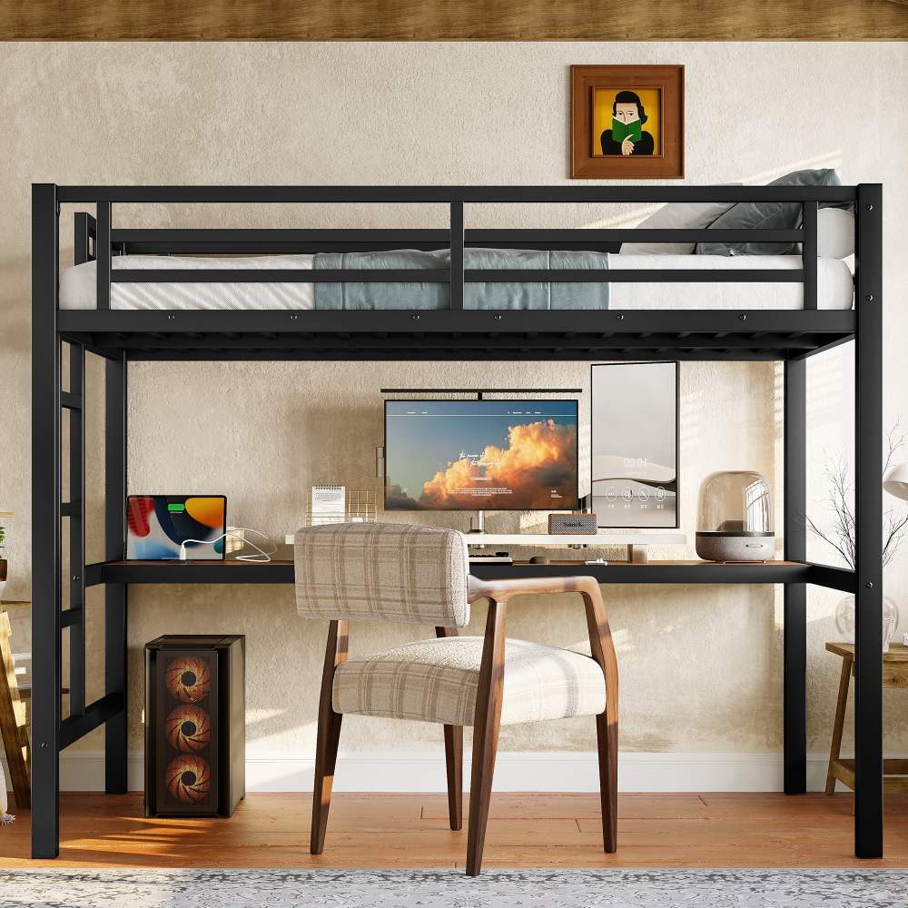 Euroco Twin Size Metal Loft Bed with Study Desk and USB Charging Station, Black