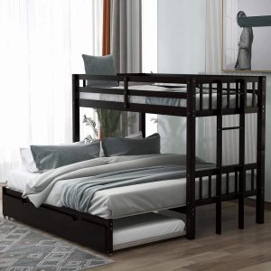 Euroco Wood Twin over Twin Bunk Bed with Trundle for Kids Teens Room, Espresso