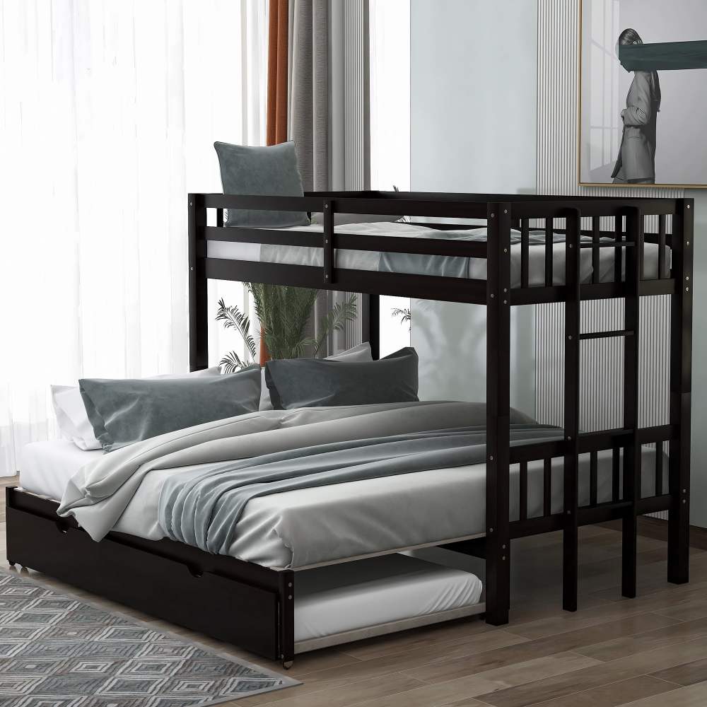 Euroco Wood Twin over Twin Bunk Bed with Trundle for Kids Teens Room, Espresso