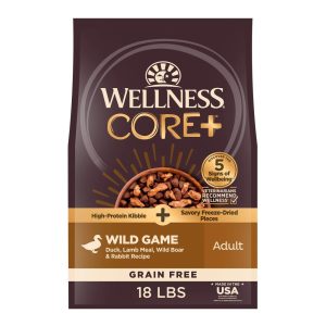Wellness CORE Dry Dog Food with Freeze Dried Pieces,  Grain Free,  High Protein,  Natural,  Wild Game Duck,  Lamb,  Wild Boar,  & Rabbit Recipe,  (18-Pound Bag)