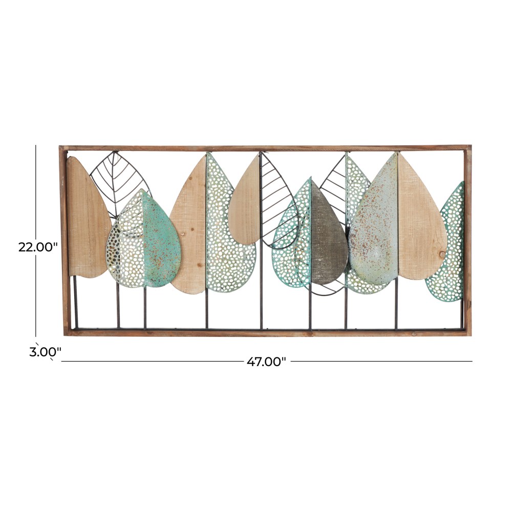 DecMode Brown Wood Cutout Leaf Wall Decor with Green and Black Metal Wire Accents - Image 5