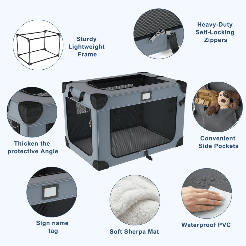 30 Inch Collapsible Dog Crate for Medium Large Dogs, 3-Door Foldable Soft Kennel with Fleece Bed and a Folding Bowl, Suitable for Indoor & Outdoor Portable Pet Kennel - Image 6