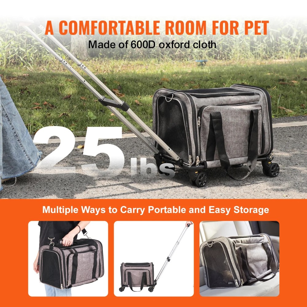 VEVOR Cat Carrier with Wheels Airline Approved Rolling Pet Carrier 25 lbs Grey for Cat Dog Small Medium Animals Kitten Puppy - Image 5