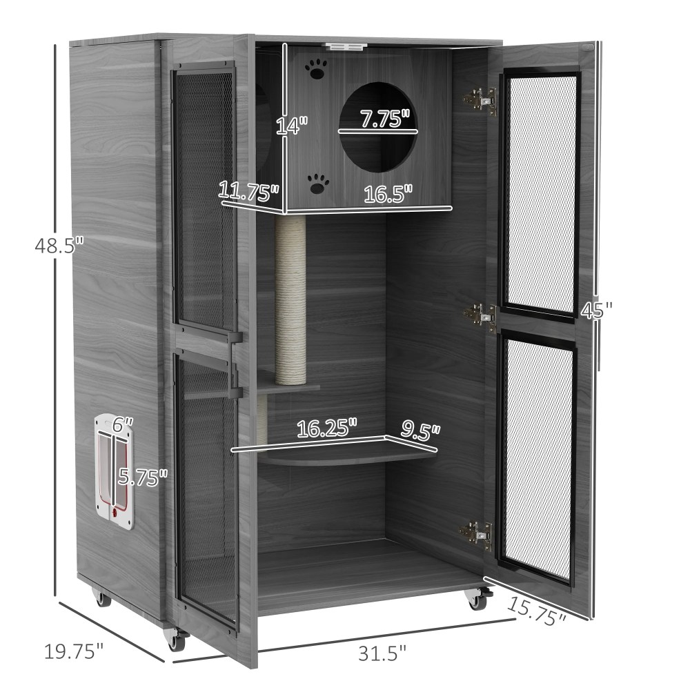 PawHut Cat House with Cat Tree Kitty Cage with Scratching Posts Condo Wheels Flap Door, Gray, 31.5" x 20" x 48.5" - Image 2