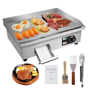 22" Electric Countertop Flat Top Griddle 1600W 110V Non-Stick Commercial Restaurant Teppanyaki Grill Stainless Steel Adjustable Temperature Control 50300