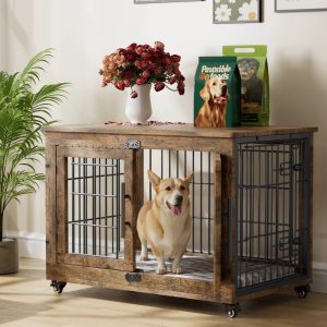 GIKPAL 32-Inch Dog Crate Furniture with Padded, 2-Door Wooden Wheels, Indoor Dogs Kennel for Small to Medium