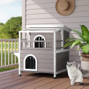 Ktaxon Outdoor Cat House Wooden,  2-Story Outside Cat Shelter Condo Enclosure with Escape Door,  Weatherproof Openable Roof,  Gray
