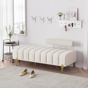 Wiilayok 52" End of Bed Bench, Modern Velvet Upholstered Ottoman Bench with Golden Metal Legs, Comfy 2 Seater Sofa Chaise Lounge for Bedroom Living Room Foyer Indoor Entryway, Beige