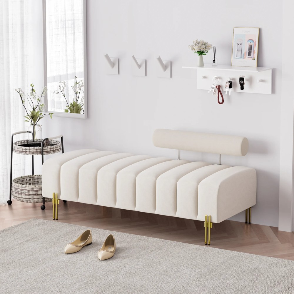 Wiilayok 52" End of Bed Bench, Modern Velvet Upholstered Ottoman Bench with Golden Metal Legs, Comfy 2 Seater Sofa Chaise Lounge for Bedroom Living Room Foyer Indoor Entryway, Beige