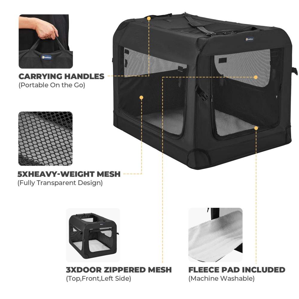 Veehoo Folding Soft Dog Crate, 3-Door Pet Kennel, 600D Cationic Oxford Fabric, 40", Black - Image 6
