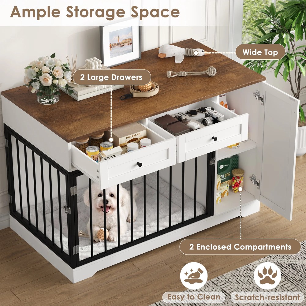 Homfa Dog Crate with Storage Cabinet and 2 Drawers, Indoor Furniture Style Wooden Large Dog Kennel, White - Image 4