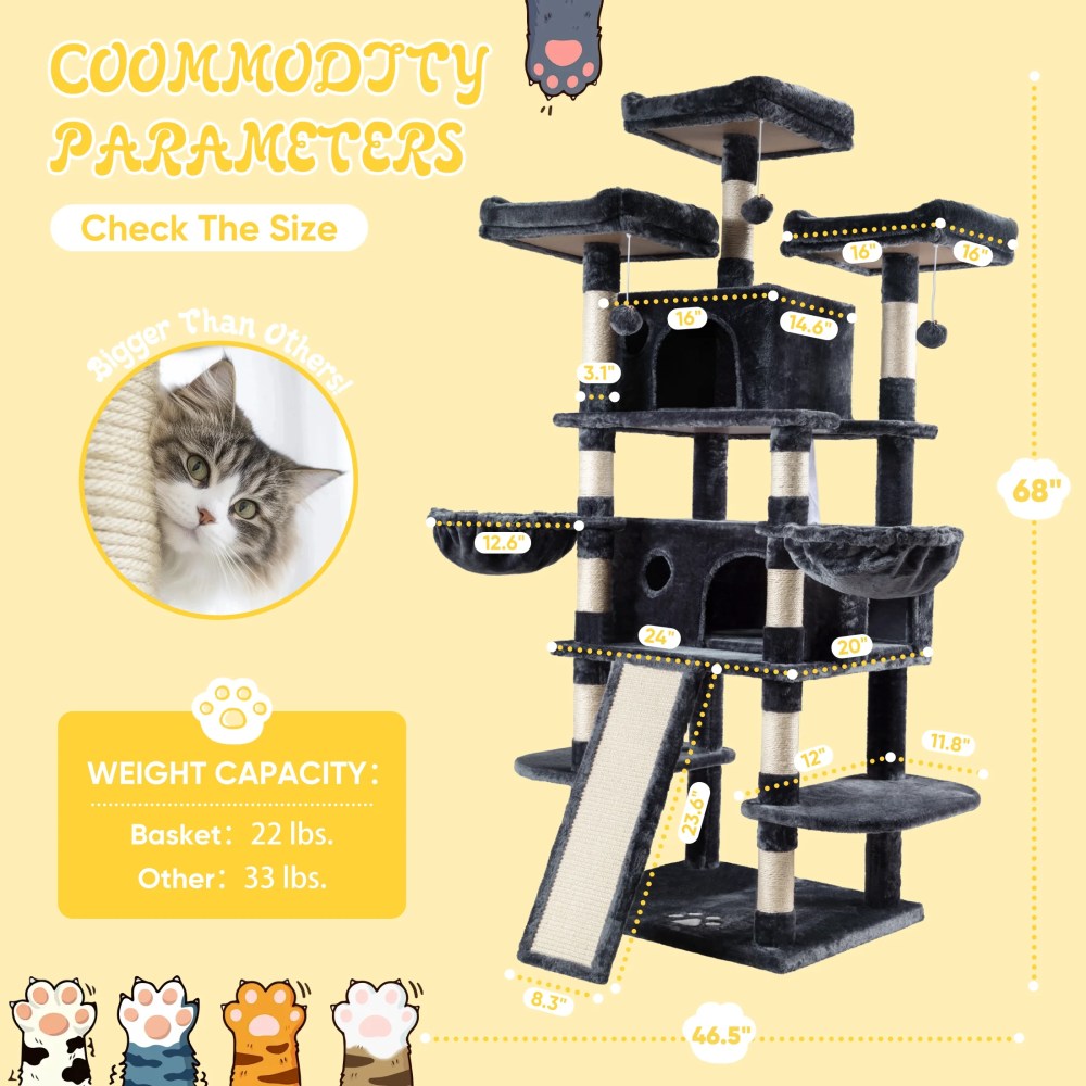 Sha Cerlin 68" X Large Cat Tree and Tower for Cats with Condo House, Sisal Scratching Board & Posts, Dark Blue - Image 7