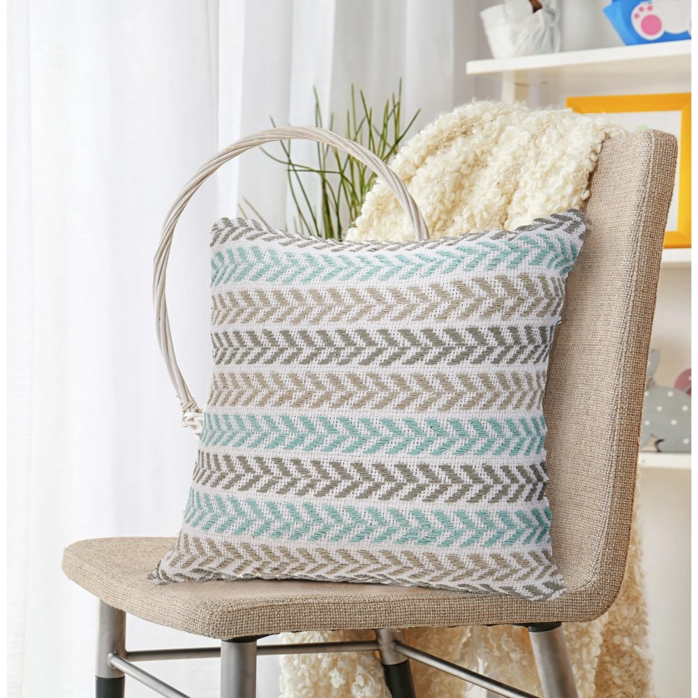 Laddha Home Designs Handwoven Chevron Striped Cotton Throw Pillow Cover - 18" - Gray and Blue - Set - Image 8
