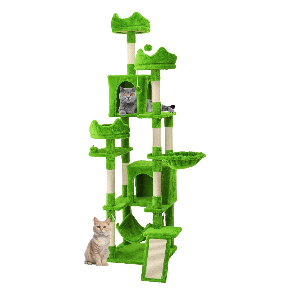 Uforic 75" Large Cat Tree Tower with Multi-Level Play Condo, Sisal Ramp, Scratching Posts & Cozy Basket Hammocks, Green - Image 3