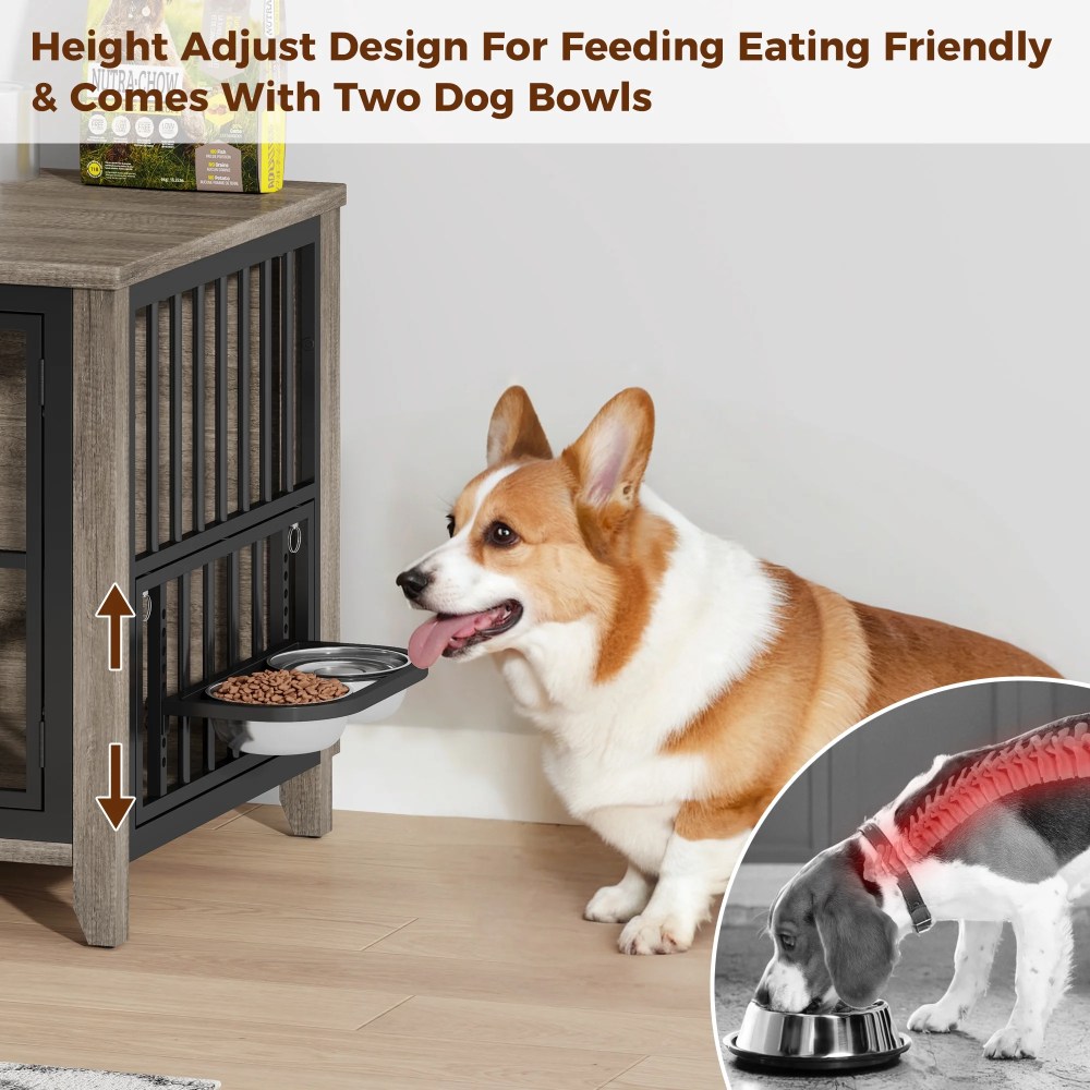 GIKPAL Dog Crate Furniture with 2 Adjustable Bowls, 32" Dog Cage Kennels for Inside with Lockable Doors, Heavy Duty Pet House End Table for Small Medium Dogs, Gray - Image 4