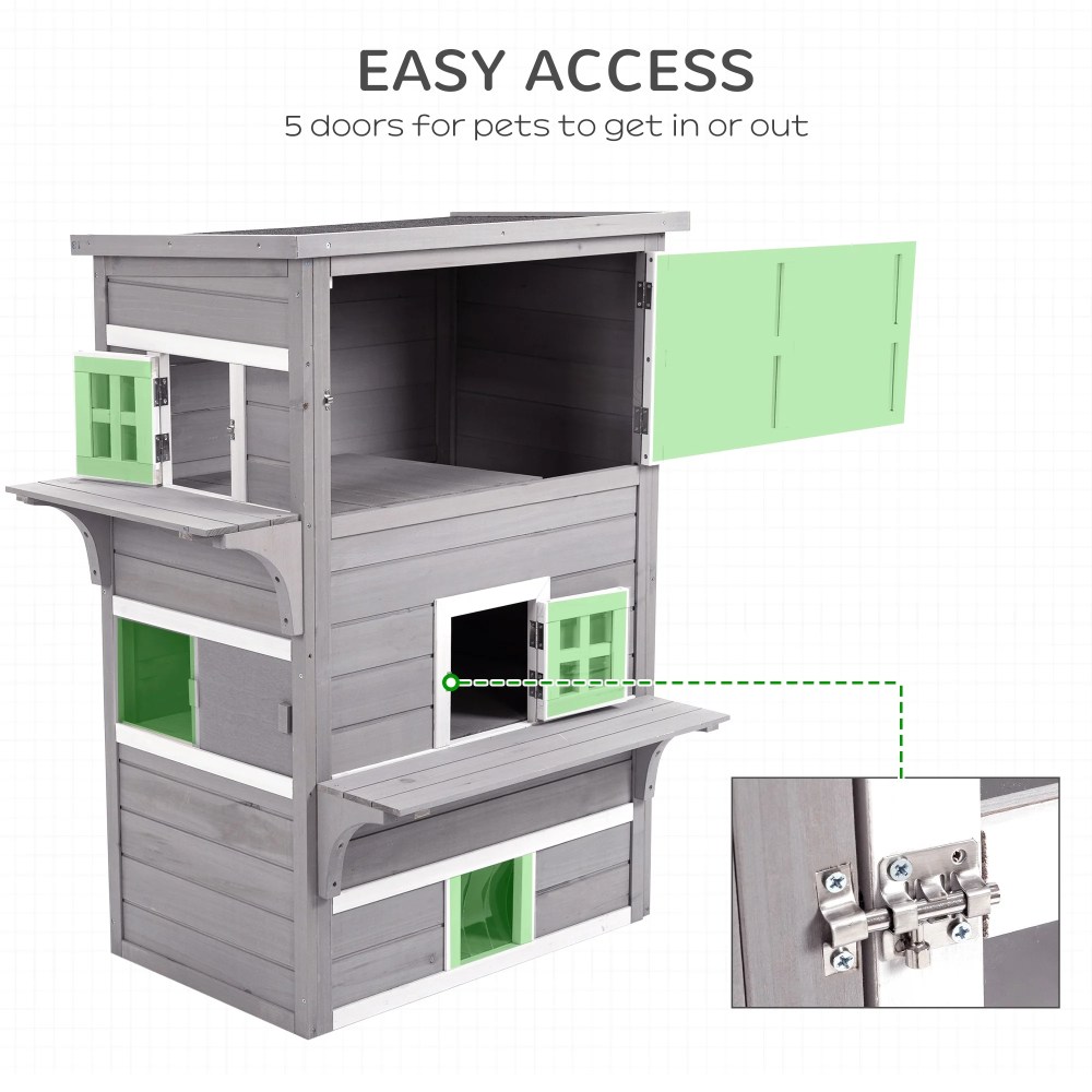 PawHut 3-Story Cat House with Raised Floor, Escape Doors, Gray - Image 5