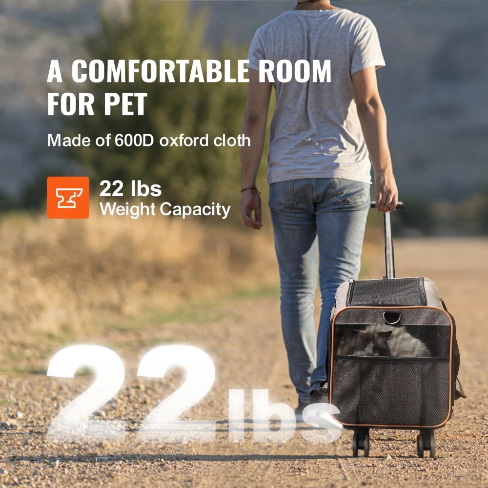 VEVOR Cat Carrier with Wheels Airline Approved Rolling Pet Carrier 22 lbs Grey for Cat Dog Small Medium Animals Kitten Puppy - Image 8