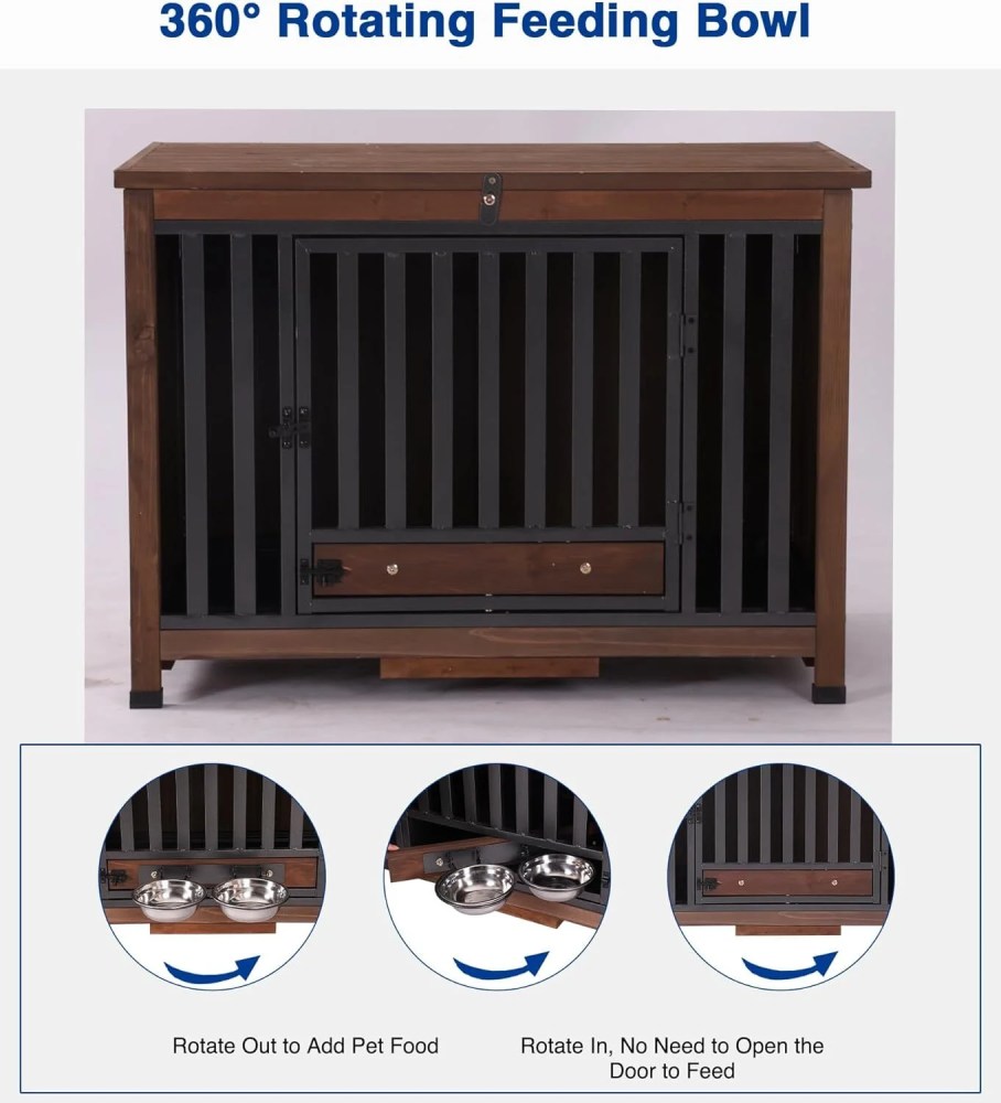 Aivituvin Dog Crate Furniture, Foldable Wooden Dog Kennel Furniture with 360'Rotating Feeding Bowls, Iron Frame Dog Crate with Deepened Sliding Tray , 39.4" L Brown - Image 4
