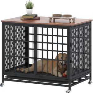 HAUXITIO 42 inch Extra Large Dog Crate Furniture with Removable Trays, 3 Doors, 4 Wheels & 5 Locks for Medium and Large Dogs, 42.0"L x 28.0"W x 34.0"H