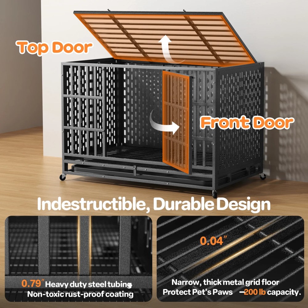 YOKWOK 48 Inch Heavy Duty Indestructible Dog Crate Cage, Chew Proof & Escape-Proof XL Kennel for High Anxiety Large Dogs, with Locking Wheels and Removable Tray for Indoor & Outdoor Use, Black - Image 5