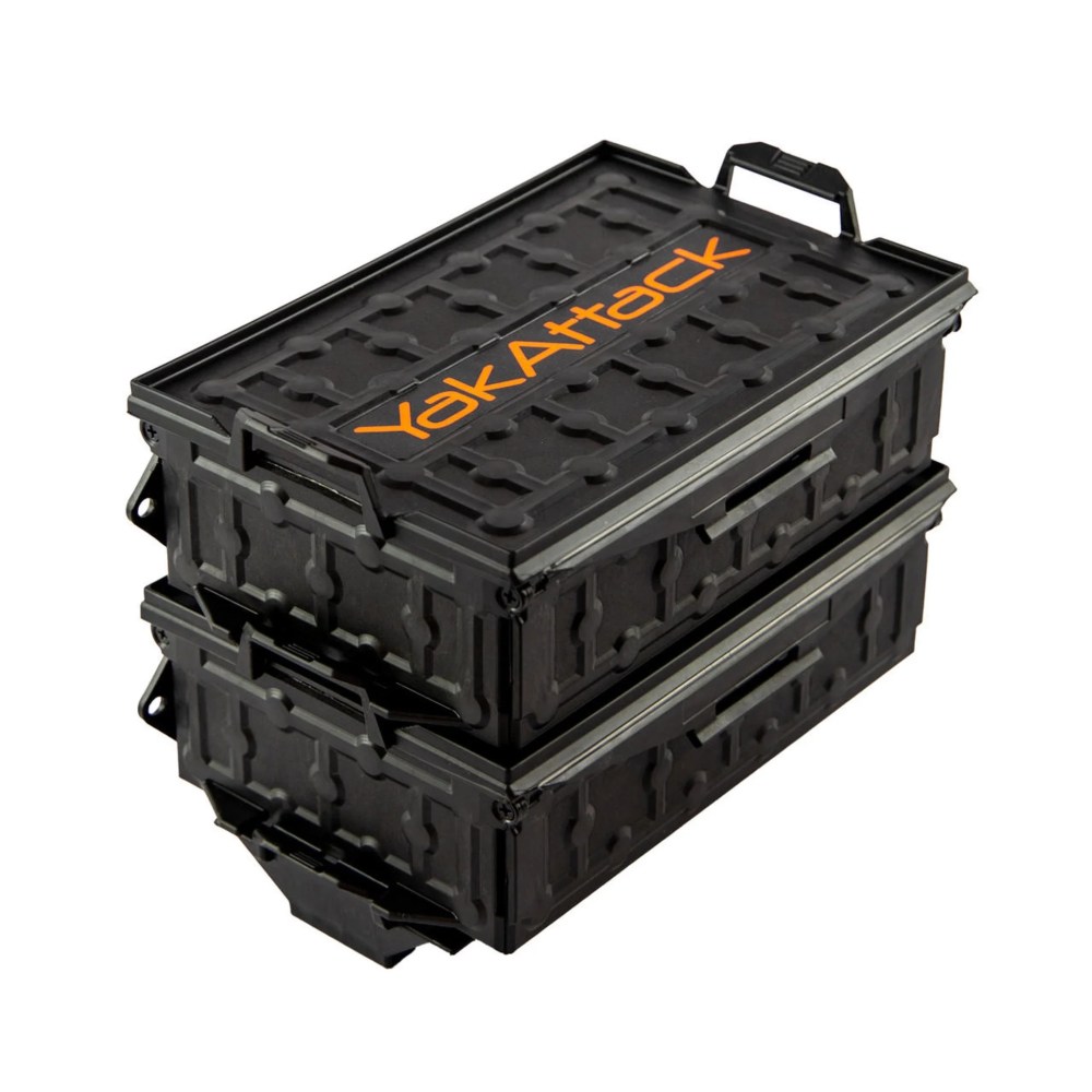 YakAttack TracPak Combo Kit, Set of Two Stacking Fishing Gear Storage Boxes with Track Mount Base, Black (SSO-1002) Kayak Fishing Accessories