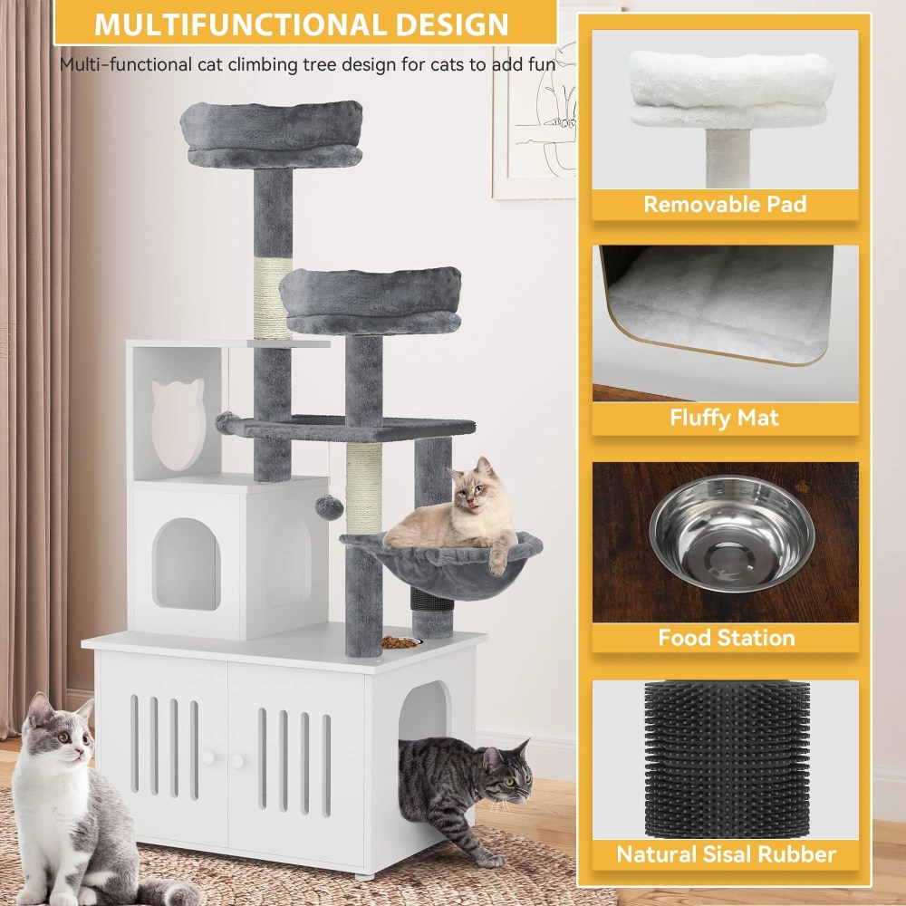 Dextrus 2-in-1 Cat Furniture Condo, 59" Cat Tree Multi-Functional Cat Tower with Litter Box Enclosure, Wood House, Scratching Post, Feeding Station, Hammocks & Brush - White - Image 2