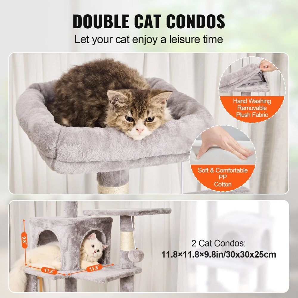KFFKFF Feline Structure, 63" Feline Stand with Dual Kitty Houses, Sisal Scratch Pole, Relaxing Swing, Elevated Lounging Spot, Leaping Stages, Spacious Cat Play Equipment with Dangling Sphere, Pale - Image 2