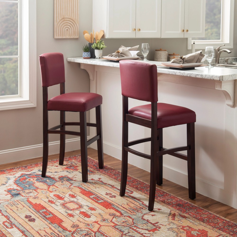 Linon Monaco Full Back Wood Bar Stool, 30" Seat Height, Espresso Finish with Dark Red Fabric - Image 7