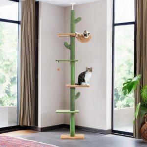Demi Bonn 95"-108" Adjustable Height Cactus Cat Tree for Indoor Cats, Modern Floor to Ceiling Cat Tower, 5 Level Cat Climbing Tree, Green