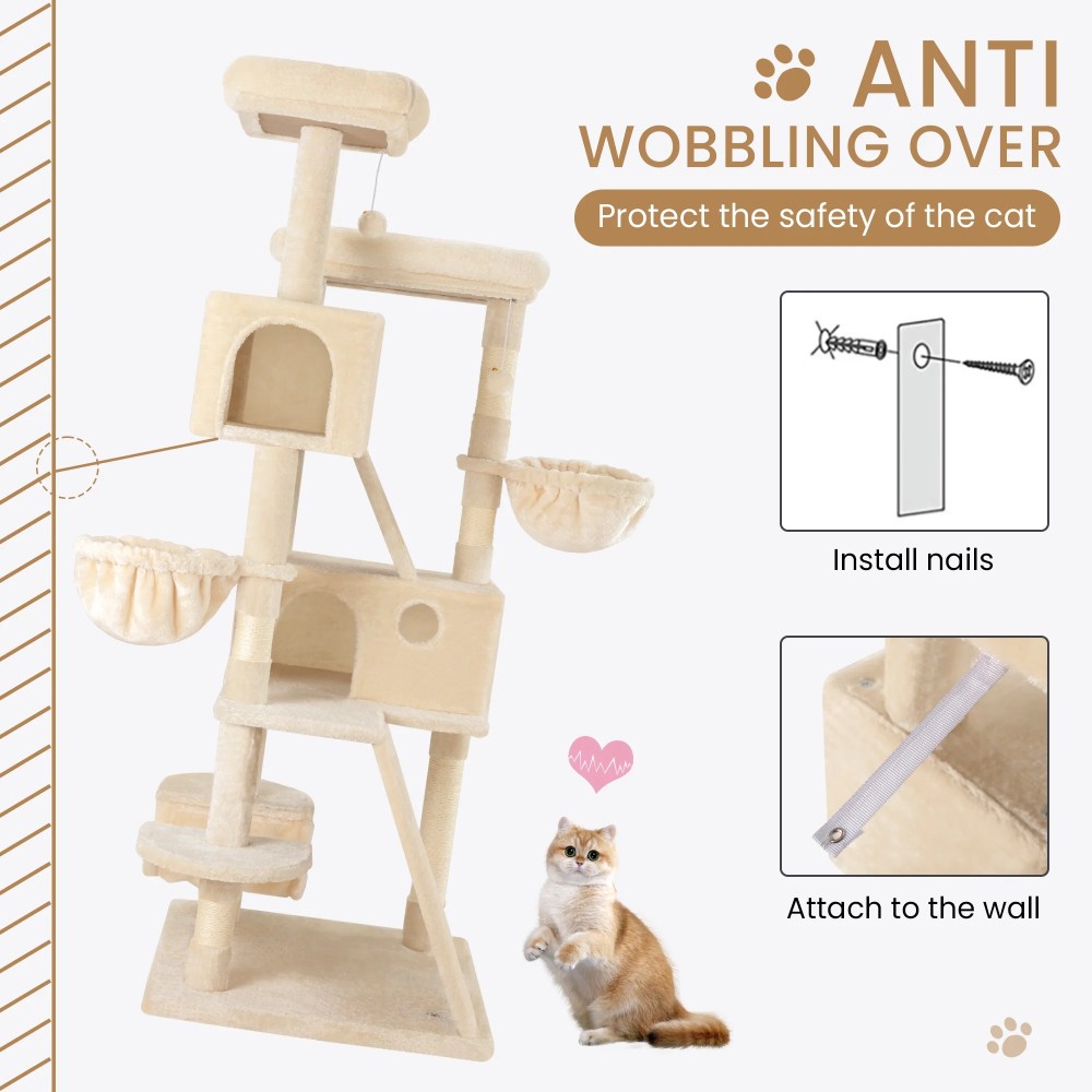 Merrland 65.7 " Large Cat Tree Tower Condo for Cats with 2 Scratching Ramps, Hammock & Scratching Posts, Beige - Image 3