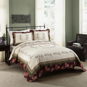 Modern Heirloom Brooke 3-Piece Ivory/Burgundy Floral Embroidered Quilt Set, Full/Queen
