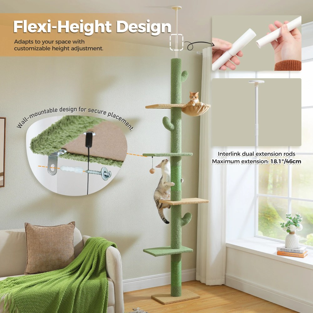 PAWZ Road Tall Cat Tree Cactus Floor to Ceiling Cat Tower 95-108" Sisal Scratching Post for Indoor Cats - Image 6