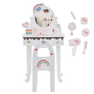 Zimtown Kid's Vanity Table Wooden Makeup Desk, Kids Makeup Set with Accessories, Stool, Drawer White