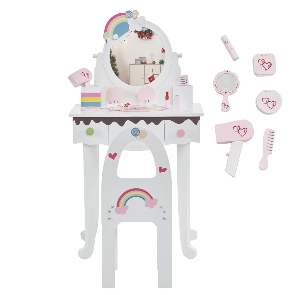 Zimtown Kid's Vanity Table Wooden Makeup Desk, Kids Makeup Set with Accessories, Stool, Drawer White