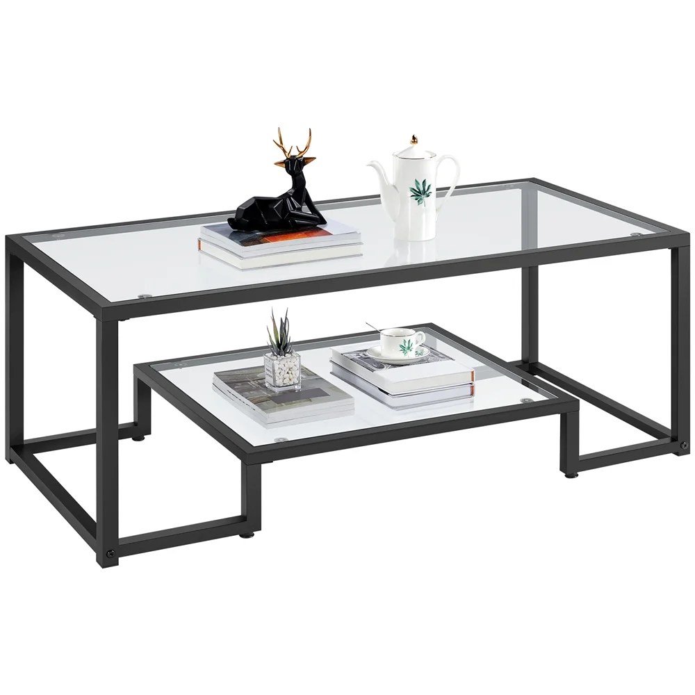 Alden Design Modern Glass Coffee Table with Metal Frame, Black - Image 2