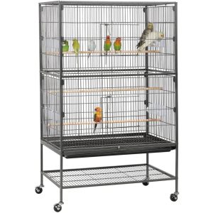 Alden Design Metal 52" Large Rolling Bird Cage with 3 Perches and 4 Feeders,  Black