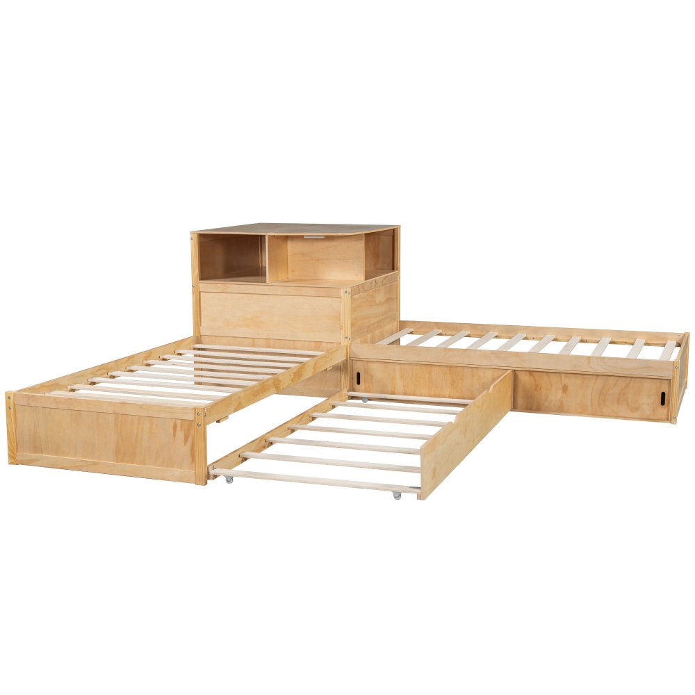 Euroco Pine Wood L-Shaped Twin Platform Bed with Storage Desk, Cabinets, Trundle and LED Light for Kids Teens, Natural - Image 6