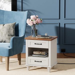 Modern Nightstand with Charging Station, Bedside Table with Drawer, End Table Side Table for Bedroom Living Room, White and Brown