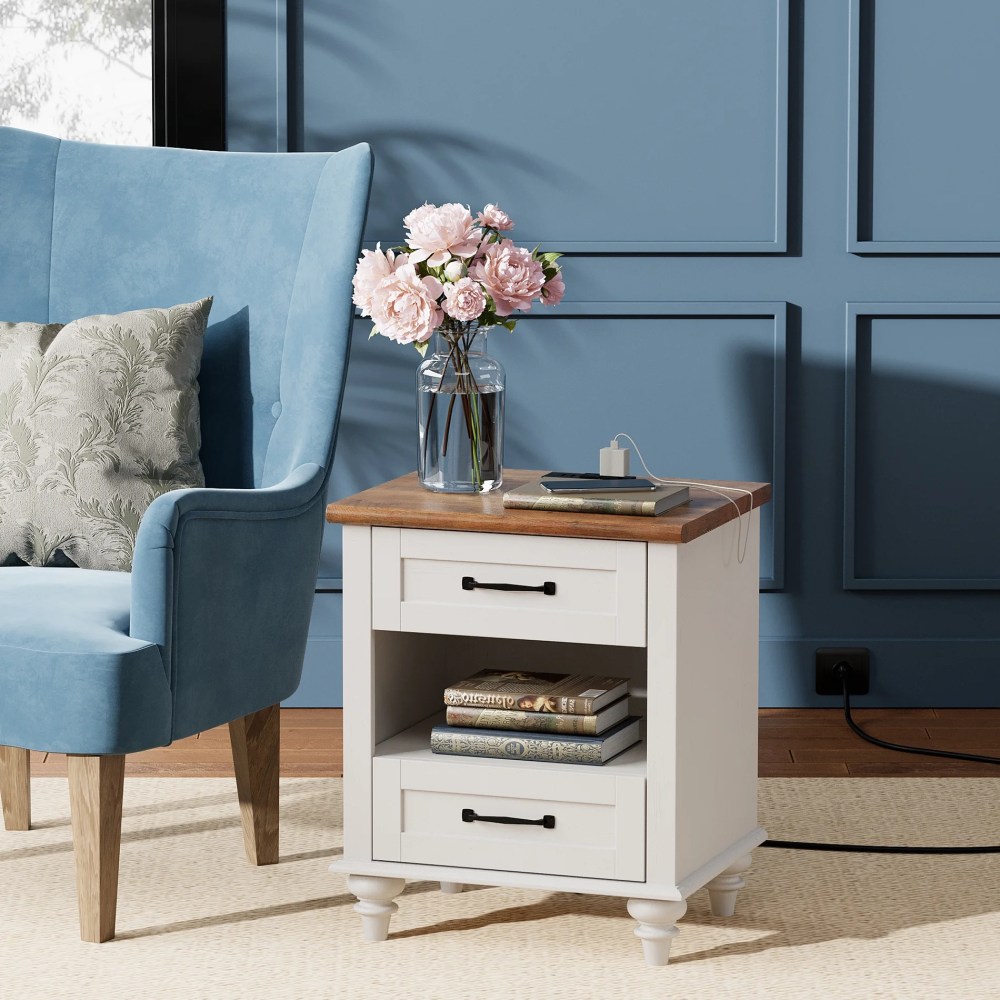 Modern Nightstand with Charging Station, Bedside Table with Drawer, End Table Side Table for Bedroom Living Room, White and Brown