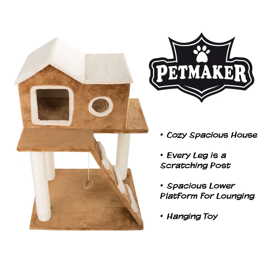 PETMAKER 35in Cat Tree with Ladder, House, Scratch Posts, and Toy (Brown) - Image 5