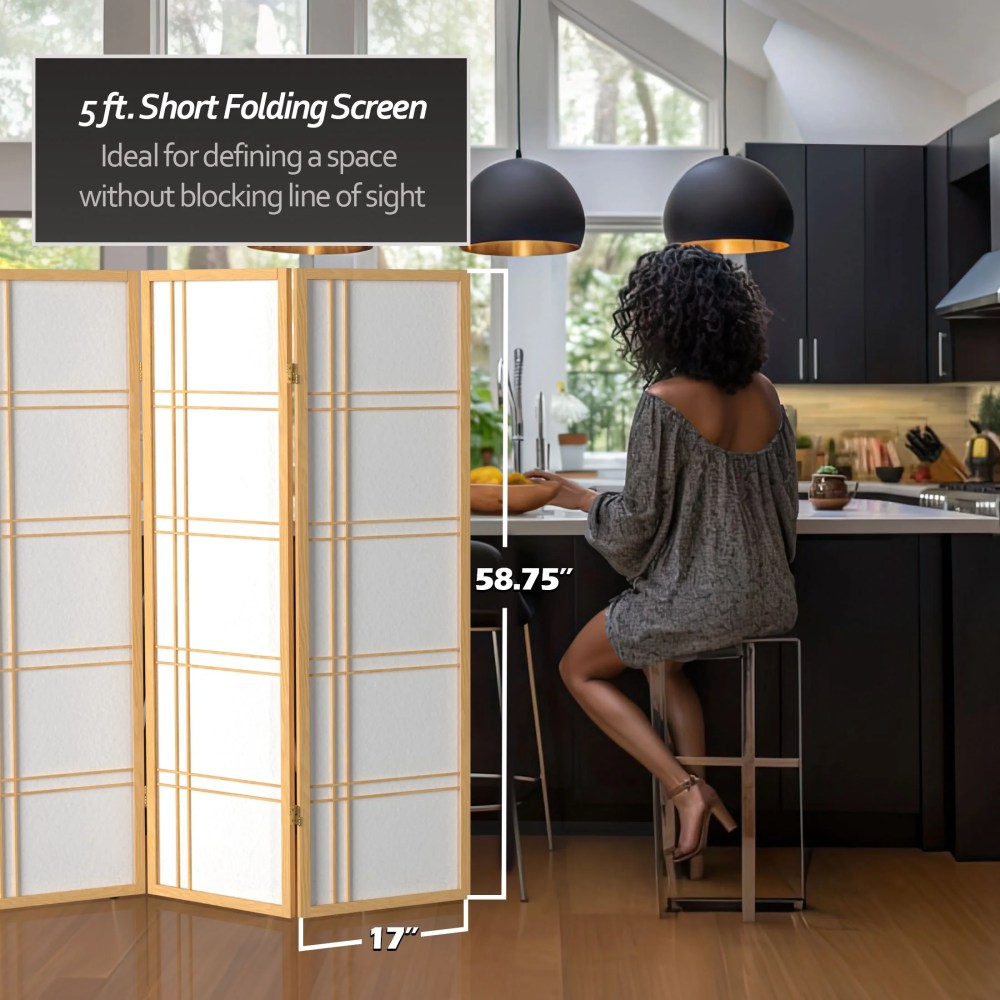 Red Lantern 5 ft. Tall Double Cross Shoji Screen - Natural - 3 Panels - Image 4