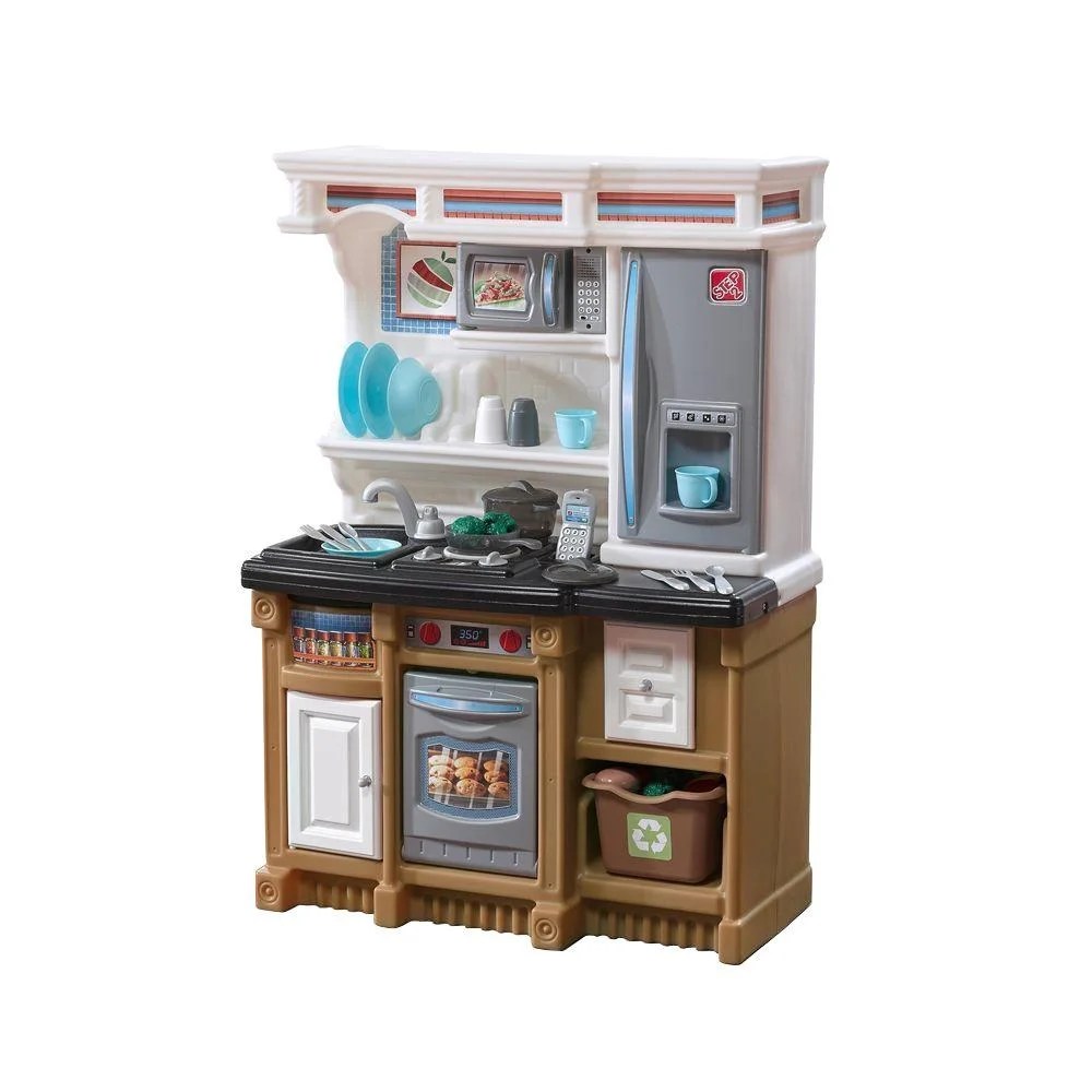 Step2 Lifestyle Custom Brown and White Kitchen includes 20 Piece Plastic Kitchen Playset